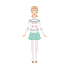 Blondie girl in skirt and knitted sweater