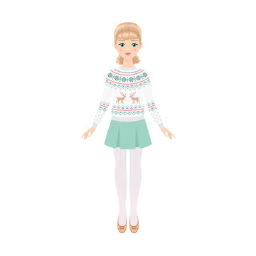 Blondie girl in skirt and knitted sweater