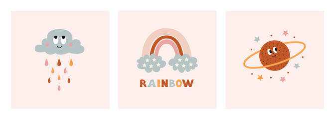 Vector set of cards with cute rainbow, cloud and cosmic elements in scandinavian  boho style. Trendy celestial clip art decoration for baby nursery in pastel colors. 
