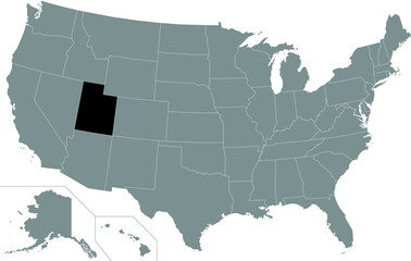 Black highlighted location administrative map of the US Federal State of Utah inside gray map of the United States of America