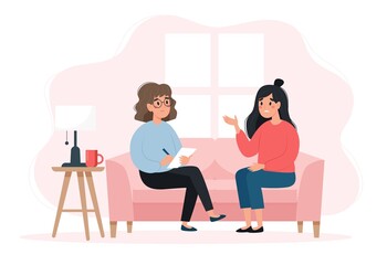 Psychotherapy session - woman talking to psychologist sitting on sofa. Mental health concept, vector illustration in flat style - obrazy, fototapety, plakaty