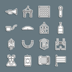 Set line National Germany flag, Lederhosen, Beer bottle, Checkered napkin, Homemade pie, Smoking pipe, Musical instrument trumpet and Farm House icon. Vector