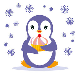 A cheerful penguin holds and eats an ice cream cake with snowflakes. Vector illustration