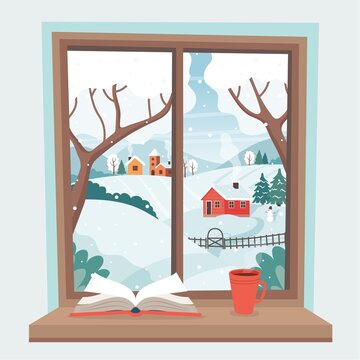 Winter window - book and cup on the sill with winter landscape. Cute cozy vector illustration in flat style