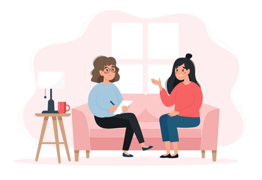 Psychotherapy session - woman talking to psychologist sitting on sofa. Mental health concept, vector illustration in flat style