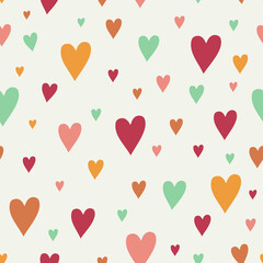 Fototapeta na wymiar Cute hand drawn hearts seamless pattern. Cartoon children's background with colorful hearts. Funny vector illustration for fabric, packaging, scrapbooking. Doodle style heart.
