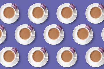 Pattern of coffee cups with lilac dessert cake macaroon on trendy very peri background