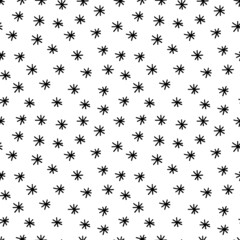 Abstract hand drawn seamless pattern with snowflake shape elements. Black and white texture.