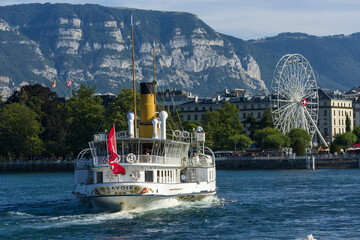 a vintage steamboat cruising on Lake Geneva, Geneva, Switzerland