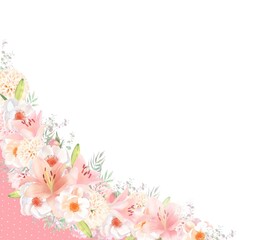 Obraz na płótnie Canvas エレガントな色使いのピンク系の百合の花と白いばらとリーフの水玉リボン付き招待状フレーム素材 