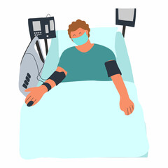 Hospitalization of the patient. A sick person is in a medical bed on a drip. Vector illustration in a flat style
