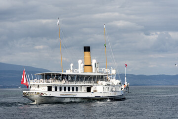 a vintage steamboat cruising on Lake Geneva, Geneva, Switzerland