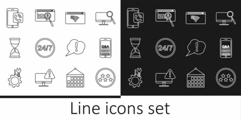 Set line Five stars rating review, Mobile Question and Exclamation, No Internet connection, Clock 24 hours, Hourglass, phone call, Speech bubble and System bug concept icon. Vector