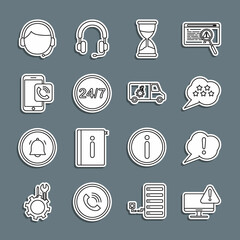 Set line Monitor with exclamation mark, Speech bubble Exclamation, Five stars rating review, Hourglass, Clock 24 hours, Mobile phone call, Man headset and Car service icon. Vector
