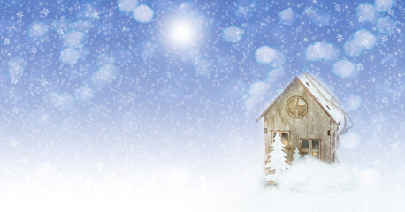 Christmas card with a house and stars