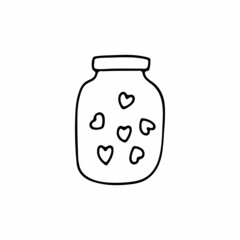 Doodle glass jar with hearts. Outline container isolated on white background. Valentines day sign. Festive decoration, home decor. Love, feelings cozy cute symbol. Vector line sketch illustration