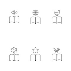 Books, fiction and reading concept. Vector illustrations in flat style. Editable strokes. Line icon set including icons of eye, globe, mask, gear, star, knife and fork