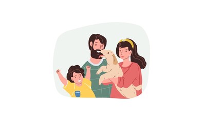 Vector cartoon flat family characters parents,kid and dog pet.Dad,son and mom with doggy in arms smiling happily-positive emotions,healthy family relationships social concept,web site banner design
