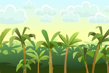 Fototapeta na wymiar Plants rainforest. Jungle background. Morning sky with clouds. Beautiful green landscape with exotic trees and palms. Vector.