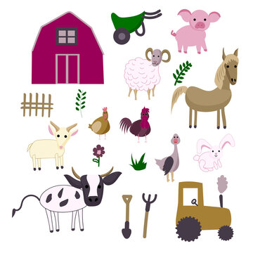 Farm animals, buildings and object set. Vector illustration. Agriculture farm life clipart collection