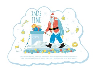 Xmas time traditional greeting design with Santa Claus carrying gift for people
