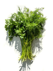 Bunch of fresh greens: dill and parsley on white background.