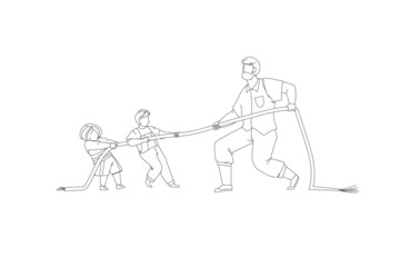 Father and children pull end of rope line vector illustration. Tug of war family game, competition between parent and kids, family sports activity concept