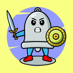 Cartoon bell mascot holding sword and shield in cute style for t-shirt, sticker, logo element