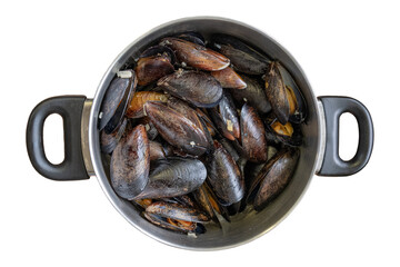 Meatal bowl of blue mussels in cream saucein metal bowl isolated. Delicious seafood dish