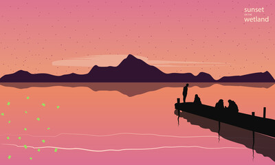 Fototapeta na wymiar Sunset on Wetland, background of a lagoon with mountains, people silhouettes and pier. Orange, calming coral, pacific pink, purple and black. Flat style with hand drawn lined strokes and dots texture.
