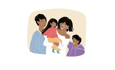 Vector cartoon flat black family characters parents and kids.Mom,dad,daughter and son smile happily-positive emotions,healthy family relationships social concept,web site banner ad design