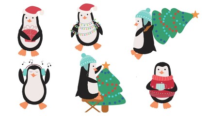 Obraz premium A set of little Christmas penguins, penguins with a Christmas tree, in a hat, in a sweater and with a mug of grog on a white background.