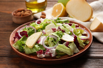 Delicious turnip salad served on wooden table, closeup
