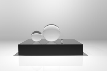 Transparent glass balls on a black pedestal white background realistic illustration concept.