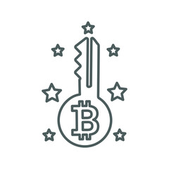 Bitcoin, cryptocurrency, key outline icon. Line vector sketch.