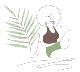 African, American silhouette of woman with traditional hairstyle afro and tropical palm leaf, simple shapes. Vector illustration in flat design