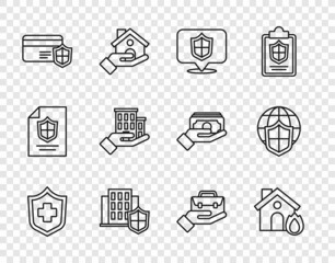 Set line Health insurance, Fire burning house, Location shield, House with, Credit card, Hand holding briefcase and Shield world globe icon. Vector