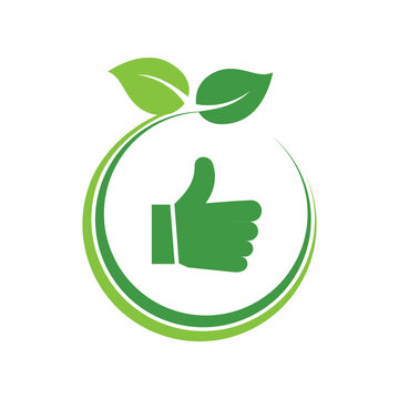 Like sign with green leaves in circle. Green thumb eco friendly. Healthy lifestyle concept. Organic food idea. I love nature thumb up. Environmental conservation. Vector illustration, flat clip art. 