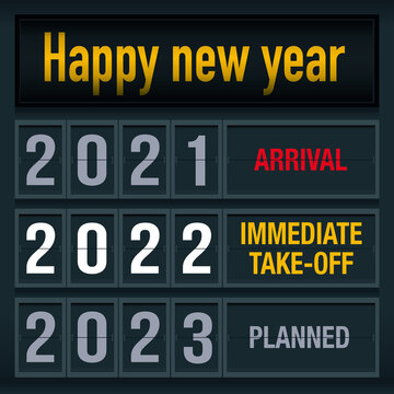 Carte de vœux 2022 avec un message décalé, montrant un tableau d’affichage d’aéroport pour illustrer le passage dans la nouvelle année.