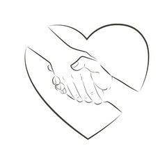 Helping hand and heart. Gesture, sign of help and hope concept. Two hands taking each other. Isolated vector line illustration on white background.