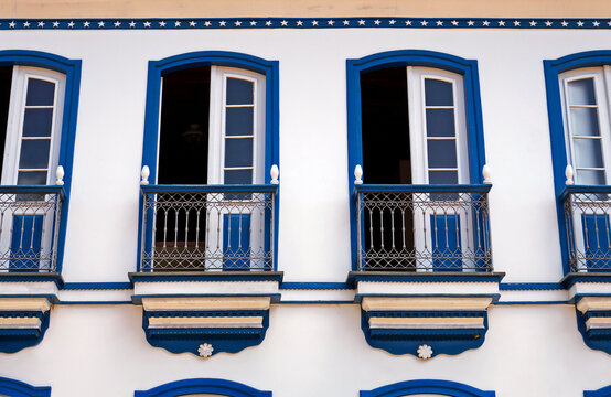 Colonial facade with balconies in Serro, Minas Gerais, Brazil