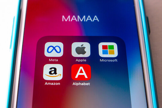 Kumamoto, JAPAN - Nov 2 2021 : Conceptual image of MAMAA, stands for Meta, Apple, Microsoft, Amazon, and Alphabet inc (Google's parent company), 5 largest US tech giants in the IT industry, on iPhone.