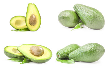 Collage of green avocados isolated on a white background