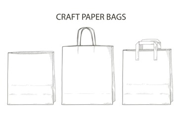 Vector Set of craft paper bags. Giving lunch brown craft shopping package mock up. Safe delivery courier service order. Pay online by internet, sale concept. Takeaway food meal. sketch illustration.