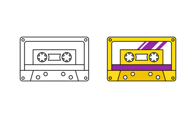 Retro audiocassette, linear and color icon. Outline simple vector of vintage compact cassette for music player. Contour isolated pictogram on white background