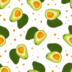 Avocado. Tropical fruit seamless pattern in hand-drawn style. Vegetarian food vector repeat background for colorful summer fabric.