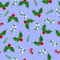 Seamless pattern holly ,mistletoe and a branch of the Christmas tree. Vector illustration isolated on blue. Template for card, textile, fabric, paper design, wallpaper