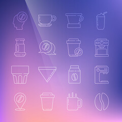 Set line Coffee beans, machine, V60 coffee maker, and conversation, Aeropress, Barista and cup to go icon. Vector