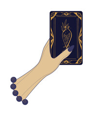 Tarot card hand of female fortune teller. Vector illustration of tarot in vintage style with mystical symbols, concept of witchcraft. Isolated, white background. Vector illustration