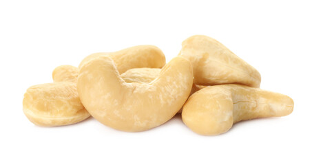Fototapeta na wymiar Pile of tasty organic cashew nuts isolated on white